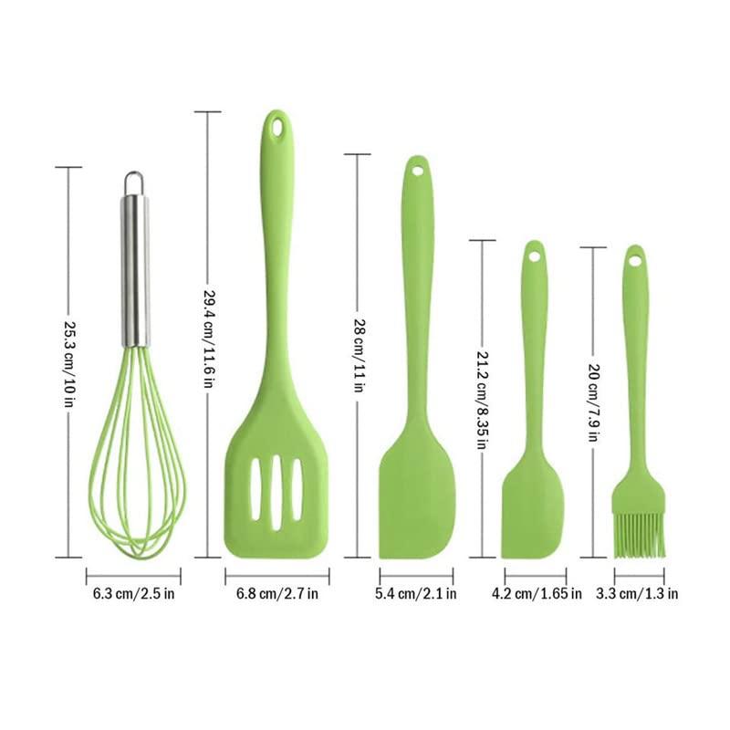 Image of Oren Empower Set of 5 Pcs Silicone Spatula & Kitchen Utensil with Hook Design for Cooking, Baking & Mixing /Non-Stick BPA Free /Heat Resistant Item, Flexible Non Toxic Silicon Cookware Tools - Green