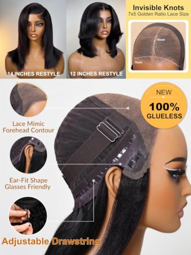 Image of Sunber Bye Bye Knots Yaki Straight Bob Human Hair Wigs Pre Cut 7x5 HD Lace Front Glueless Wig with Elastic Drawstring Put and Go Pre Plucked Bleached Invisible Knots Pre Everything Yaki Bob 12Inch