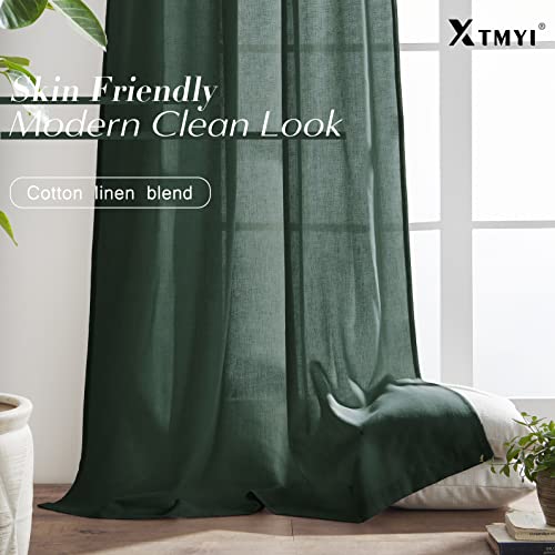 Image of XTMYI Emerald Dark Green Curtains for Living Room 84 Inches Long 2 Panels Set Linen Rod Pocket Back Tab Hooks Pleated Hunter Green Vintage Retro Curtains for Bedroom Decor Dining Room