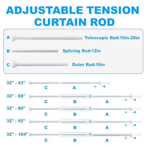 Image of TEECK Shower Curtain Rod, 32-43 inch Adjustable Spring Tension Curtain Rod, Never Rust Anti-Slip Shower Curtain Rod for Bathroom, No Drilling, Never Collapse, Easy to Use, White