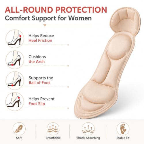 Image of Heel Cushion Inserts for Women - Soft Sponge Shoe Pads for Loose Shoes, Arch & Metatarsal Pain Relief, Comfort Insoles for High Heels (Fits Women 4.5-9.5, Beige)