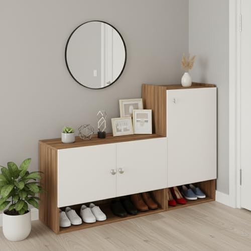 Image of FURNEASER Sinala Wooden Shoe Rack for Home with Doors & Open Shelves | Modern Shoe Cabinet Organizer for Entryway | Engineered Wood Shoe Stand with Storage (Exotic Teak & White)