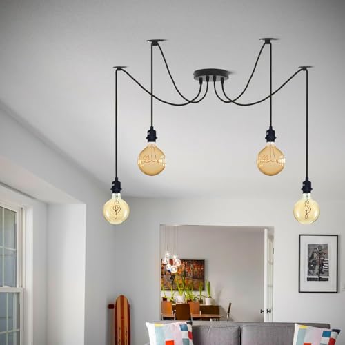 LEDSone 4 Way Spider Pendant Light Fitting, Modern E27 Lamp Holder 195cm Adjustable Ceiling Hanging Lighting for Kitchen Bedroom Living Room Restaurant Cafe (4 Head Without Bulb)