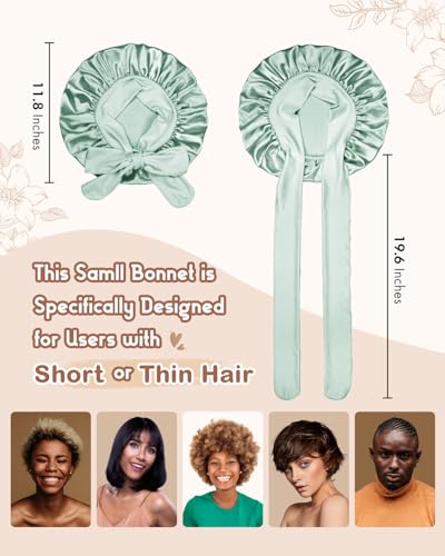 Image of BONNET QUEEN Small Double Layer Silk Bonnet for Sleeping for Women Satin Bonnet Night Cap for Short Thin Hair with Tie Band,Sage Green