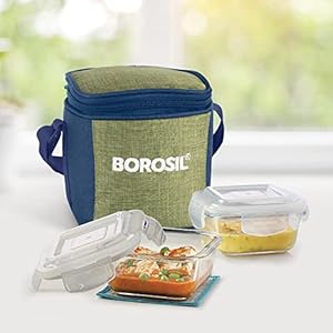 Ace Borosilicate Glass Lunch Boxes Set of 2 (320 ml Each) with Lunch Bag, Square, Vertical, Lunchboxes for Office & College, Microwave Safe, Leak Proof (Green)