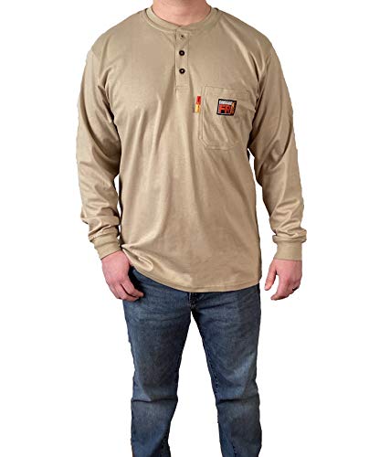 Comeaux FR Henley Welding Work Shirt KHAKI Long Sleeve T-Shirt Mens (5XL, KHAKI)