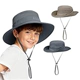 Durio 2-Pack Kids Sun Hat - UPF 50+ Wide Brim Sun Protection Bucket Hat for Boys Girls, Breathable Adjustable Outdoor Hats Dark Khaki & Dark Grey 5-13 Years