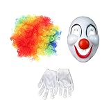 Amosfun 3 Pcs Costume de Clown Joker Masque Effrayant Clown Masque Coloré Perruque Gants Ensemble Carnaval Cosplay Accessoires pour Hommes Femmes Enfants