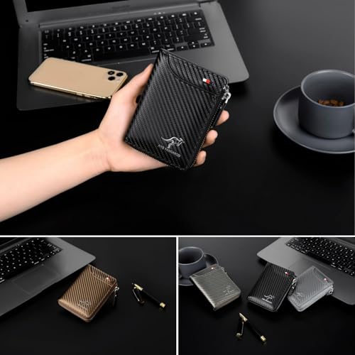 Mens RFID Blocking Leather Wallet Credit Card ID Holder Zipper Purse Waterproof, Aiks Kangaroo Wallets, Large Capacity (Fiber Black)3