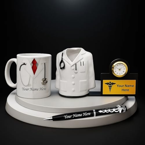 Image of ncgifts Personalized Doctors Desk Gift Set | Customized Doctor Pen, Fiber Pen Stand with Watch & Ceramic Coffee Mug | Unique Doctor Gifts for Clinic, Office & Personal Use