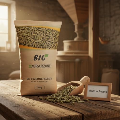 Agrarzone Bio Luzernepellets 20 kg - 100% Bio-Qualität - Premium Luzernecobs als Raufutterersatz - Eiweißreiche Luzerne Cobs für Pferdefutter, Ziegen, Hühner & Kleintiere