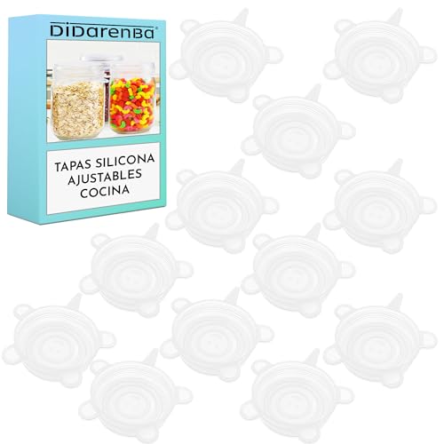 Tapas Silicona Ajustables Cocina 12 piezas para botes latas tazas vasos reutilizables Sin BPA Ecologicas Resistentes a Altas y Bajas Temperaturas Apta para Lavavajillas transparente