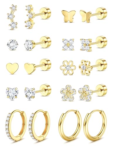 Chriscoco 10 Paar 14K Vergoldet Ohrringe Set für Damen Chirurgenstahl Medizinische Ohrstecker und Klein Creolen Ohrringe Silber Set 14K Vergoldet Helix Piercings Conch Tragus Piercing Ohr Schmuck-G