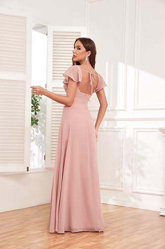 OFEECHUN Women's Square Neck Chiffon Bridesmaid Dresses with Sleeves Ruffle High Low Evening Formal Dress2