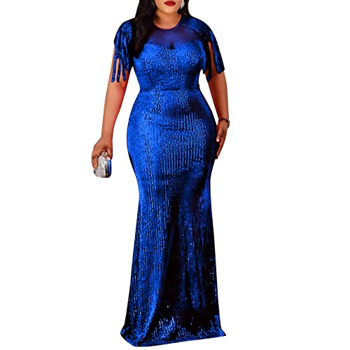 Image of Cololura Sexy Sequin Tassel Mesh Perspective Party Cocktail Bodycon Evening Club Maxi Dress