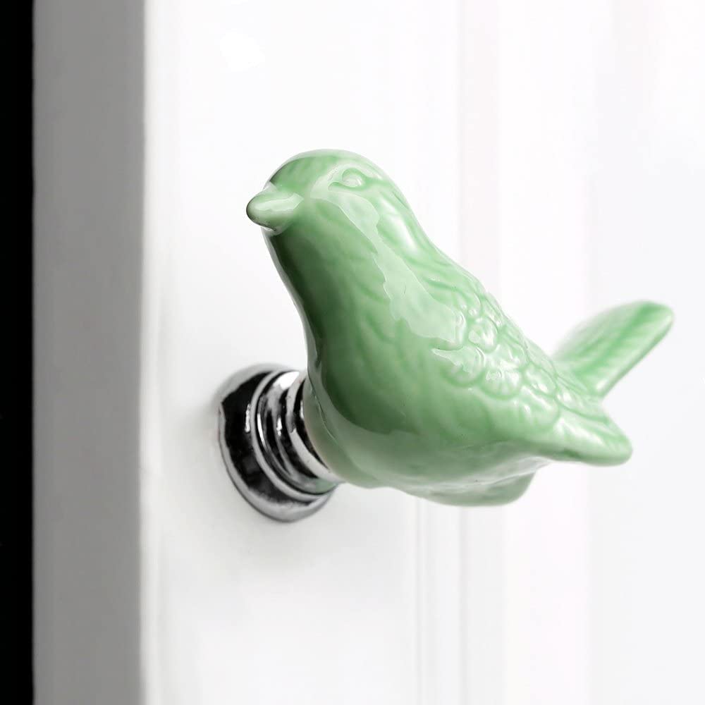 Bird Shape Ceramic Knobs 6Pcs Drawer Handles Cute DIY Cabinet Pulls Dresser Closet Wardrobe Kids Cupboard Door Kitchen Furniture Decoration with Mounting Screws (Green) - Image 3