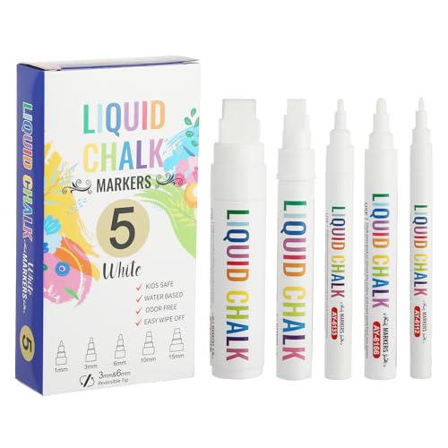 IMALPQPP 5 Rotuladores de Tiza Líquida Blancos Lavables para Ventanas y Pizarra – Rotulador tiza liquida borrable, rotuladores pizarra blanca, rotuladores cristal borrable, puntas 1/3/6/10/15 mm