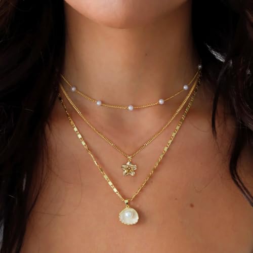 Charm Necklaces for Women,14k Gold Plated Waterproof Dainty Choker Necklace Summer Seashell Pearl Beach Cute Necklaces Set Fashion Jewelry Gift2