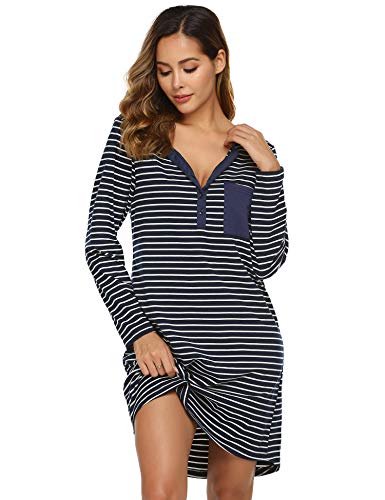 Ekouaer Women's Nightshirt Long Sleeve Button Down Nightgown V-Neck Sleepwear Short Sleeve Pajama Dress