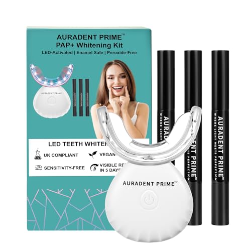 AURADENT PRIME Teeth Whitening Kit - 32 Lamp LED Light, Pap+ Peroxide Free Formula for Zero Sensitivity - Fast Results in 5 Days with 3 Whitening Gels - UKCA Certified
