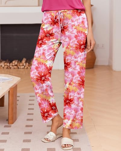 Image of Ekouaer Pajama Sets for Women Round Neck Pjs Short Sleeve Sleepwear with Long Pants Loose Lounge Sets