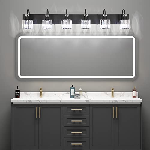 Image of Ralbay Modern 6-Light Black Crystal Vanity Lights for Bathroom - Matte Black Crystal Wall Light Fixtures