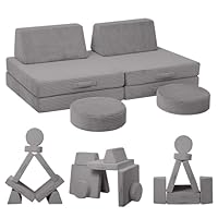 MeMoreCool Play Sofa Kids, 8-Piece Corduroy Modular Toddler Chair Couch for Playroom, Fold Out Baby Couch Play Set, Children Convertible Foam Sofa for Girls Boys, Light Grey