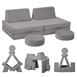 MeMoreCool Kids Play Sofa, Modular Corduroy Toddler Chair Couch for Bedroom Playroom, 8-Piece Soft Plush Fold Out Couch Bed, Creative Children Convertible Sofa, Light Gray