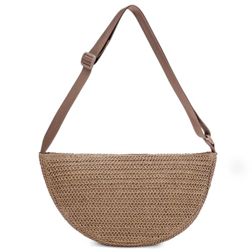RNIEGA Straw Crossbody Bag for Women Crescent Beach Bags Woven Handbag