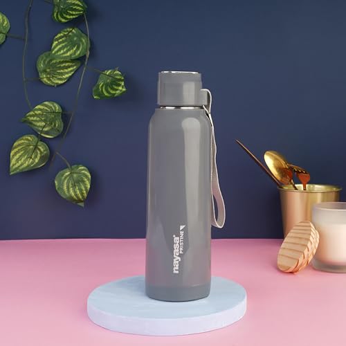 Image of Nayasa Pristine 700ml Water Bottle | BPA-Free Plastic with Insulated Stainless Steel Inner | Leak-Proof Twist Cap | for Office, School, Gym, Travel, and Outdoor Use | Grey