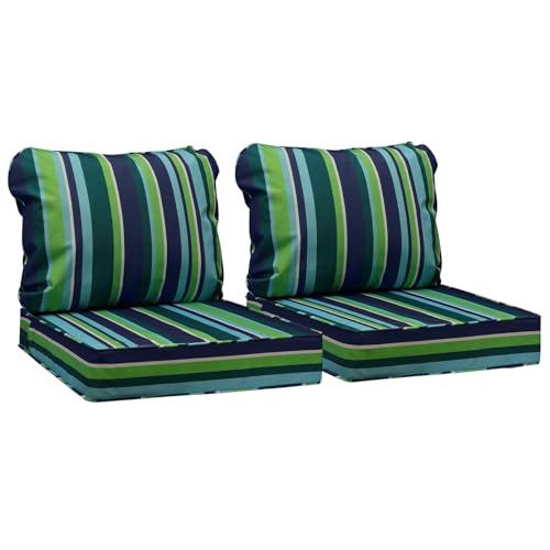Image of AAAAAcessories Outdoor Seat Cushions for Chairs, Fade-Resistant, Waterproof Patio Furniture Replacement Cushions, 25.5 inch x 25.5 inch x 5 inch + 25.5 inch x 19 inch, Set of 2, Stormy Teal Coastal Stripe