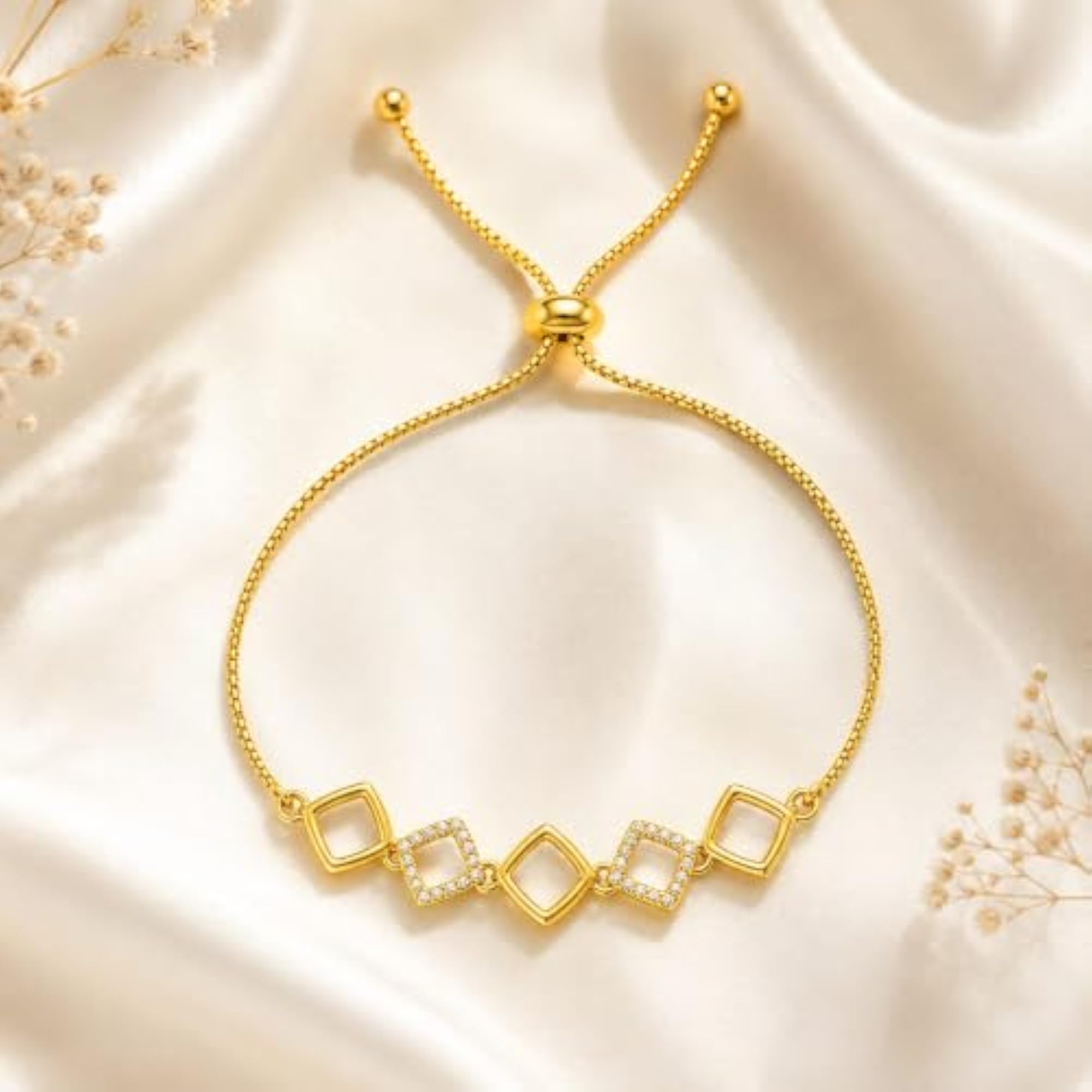 24k Plated Square Link Bracelet with Crystal Accents