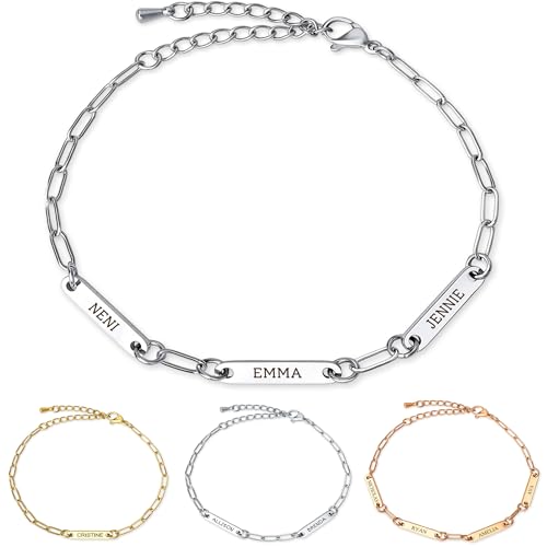 Anavia Personalized Paperclip Chain Bracelet, Customized Engraving Name Date Initial Link Chain Bracelet for Mother Couples BFF Friendship Sisters Family, Love Connection Handmade Jewelry Gift