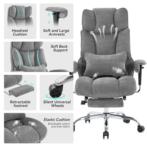 Image of Efomao Executive Office Chair 400lbs, Grey Fabric Big and Tall Desk Chair | Breathable fabric, pocket spring & foam seat, retractable footrest, 135 recline for computer gaming setup