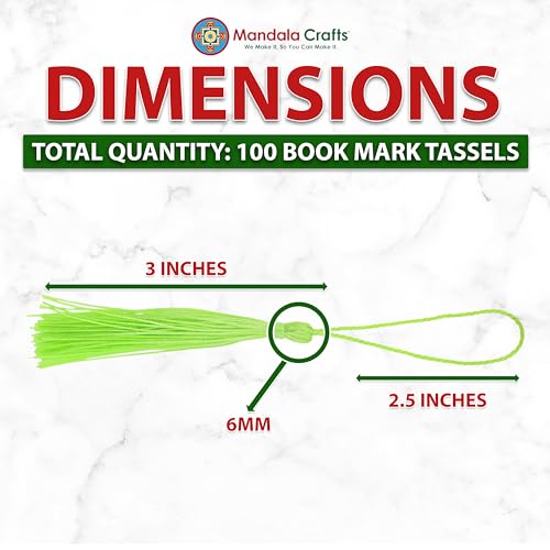 Image of Mandala Crafts Small Lime Green Bookmark Tassels - 100 Bulk Silky Mini Craft Tassels with Loops for Bookmarks, Jewelry Making, Graduation Decorations, and Keychains