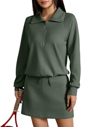 KateModa Womens 2 Piece Skirt Sets Half Zip Sweatshirt Matching Set Athletic Tennis Skorts Tracksuit Lounge Outfits Army Green L