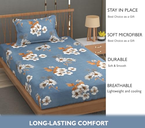 Image of FRESH FROM LOOM Floral Print Single Bed Bedsheet Set - Microfiber, 240 TC, Hypoallergenic, Includes 1 Pillow Covers (60 x 90 inch| Denim, Floral Design, Multicolor)