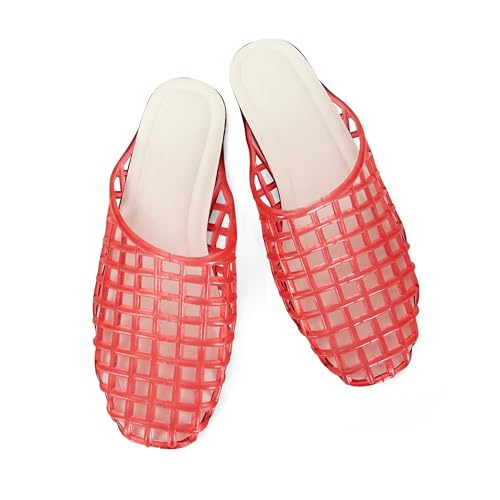 Image of Women's Red Jelly Mesh Slides, Comfortable Flat Slip On Sandals, Casual Summer Beach Slippers