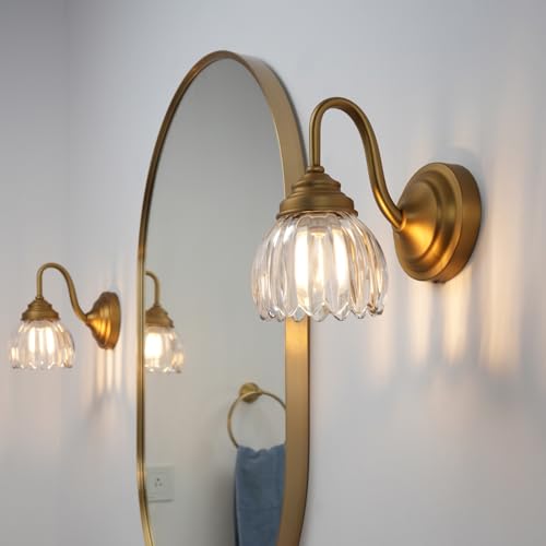 Image of Phansthy Vintage Brass Boho Wall Sconces, Hardwired Wall Lights with Tulip Glass Lampshade, Brass Vanity Lamp Modern Wall Lighting Fixtures for Bedroom, Living Room, Hallway (Antique + Clear Shade)