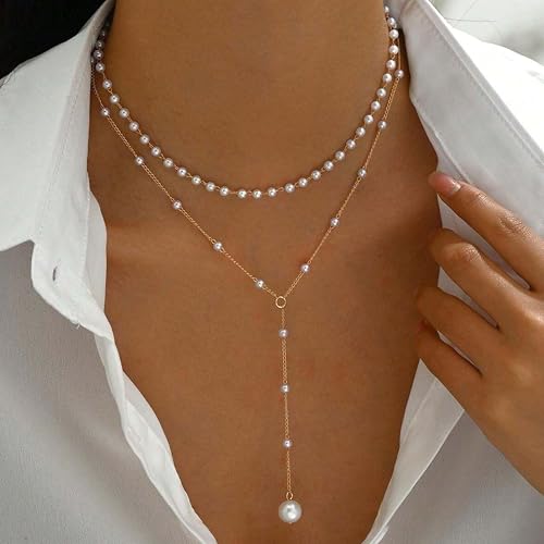 Aisansty Layered Pearl Choker Necklaces for Women 14k Gold Plated Dainty Faux Pearl Drop Pendant Y shaped Layered Necklace Gift Gold Jewelry for Women3