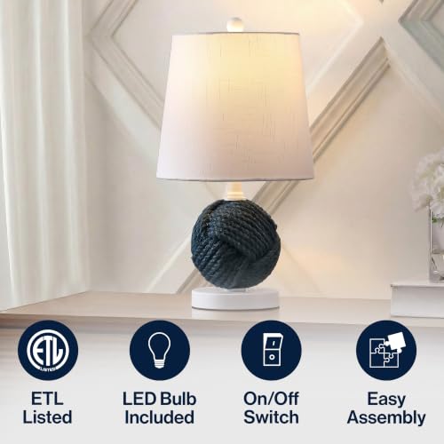 Image of JONATHAN Y Monkey 18 inch Navy Blue Rope Knot Globe Table Lamp, Metal Base