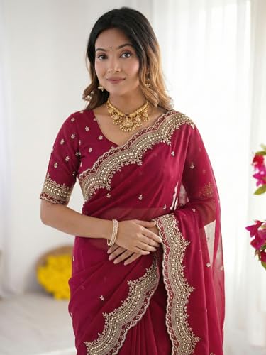 Image of SIRIL Women's Shimmer Georgette Scalloped Border Sequins Embroidery Saree with Unstitched Blouse Piece