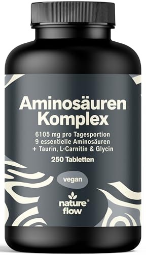 Aminosäuren Komplex Hochdosiert - 250 Tabletten - 6105 mg pro Tagesportion mit 9 Essentiellen Aminosäuren + Glycin, Taurin & Carnitin - Protein Kapseln - Vegan & produziert in Deutschland
