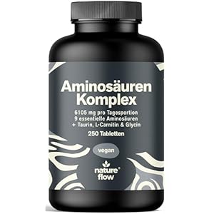 Aminozurencomplex hooggedoseerd – 250 tabletten – 6105 mg per dagelijkse portie met 9 essentiële aminozuren + glycine, taurine en carnitine -proteïne capsules-veganistisch en geproduceerd in Duitsland