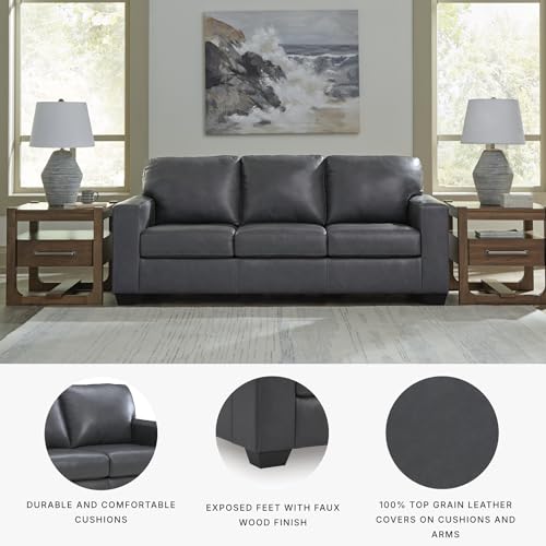 Image of Signature Design by Ashley Blue Leather Match Sofa, No Assembly Required | Combination of leather and faux leather, Anti-sag platform foundation, Track arms, Faux wood feet, Bolsena Series