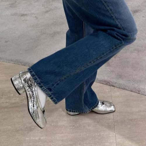 Shiny Metallic Split Toe Flats for Women | Silver & Black Options | 3cm Heel, Elegant Bow Design | Comfortable Party & Wedding Shoes3