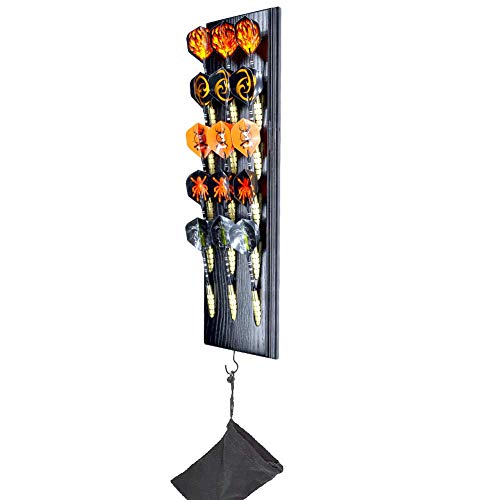 Dart Caddy, Wall Mount Wood Dart Holder/Stand, Displays 5 Sets of Steel/Soft Tip Darts, Solid Wooden Rack with Accessory Storage Bag, compatible with Sisal & Electronic Dartboard, Surrounds & Cabinets