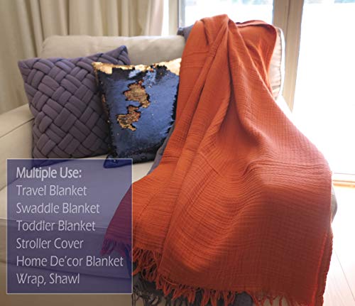 100% Organic Cotton Muslin Throw Blanket 60"X80" For Adult Kids Couch Bed, 4-Layer Pre-Washed Natural Plant Dyed, Breathable Soft Cozy Warm Lightweight Bed Blanket For Summer, All Season #TOP3