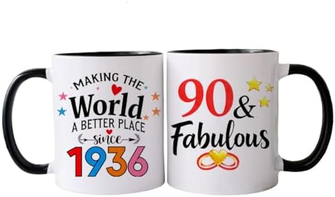 PEJAFAN 1936 90th Birthday Gifts For Women Coffee Mugs, 90 year old Birthday Gift Ideas for Women Her Man, Dad, Husband, 90th Birthday Cups Black White 11oz (90)