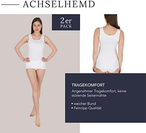 Ascot Canottiera da donna, confezione da 2 pezzi, in 100% cotone, senza
